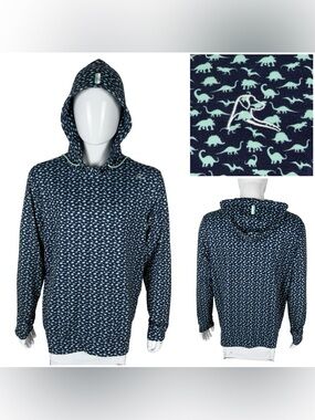 Rhoback Mens Large Hoodie Dinosaur Print Performance Blue Pullover Golf EUC